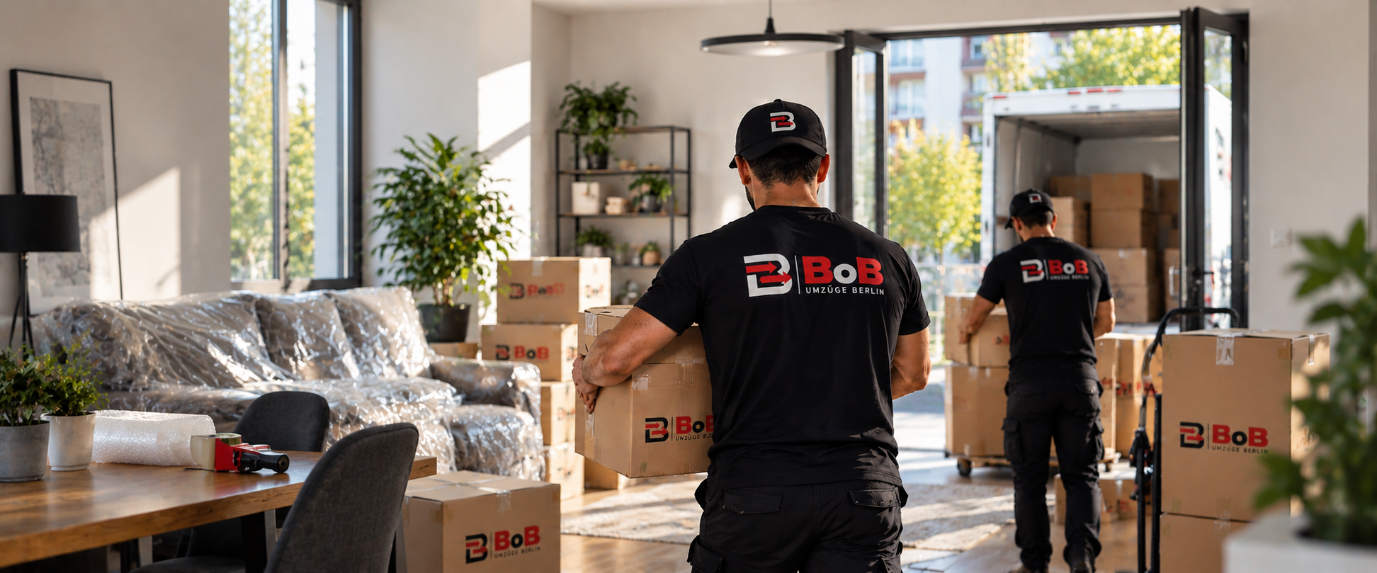 BOB Umzüge Mitarbeiter transportieren Umzugskartons in einer Wohnung in Berlin