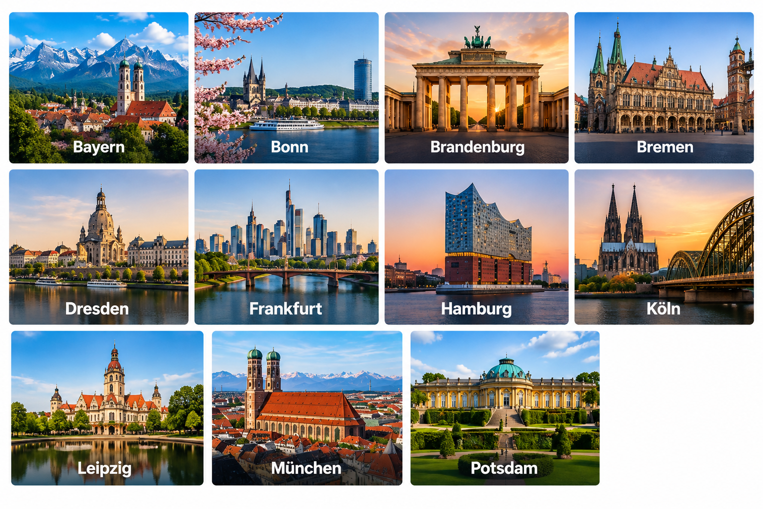Übersicht der Umzugsziele von BOB Umzüge: Bayern, Bonn, Brandenburg, Bremen, Dresden, Frankfurt, Hamburg, Köln, Leipzig, München und Potsdam.