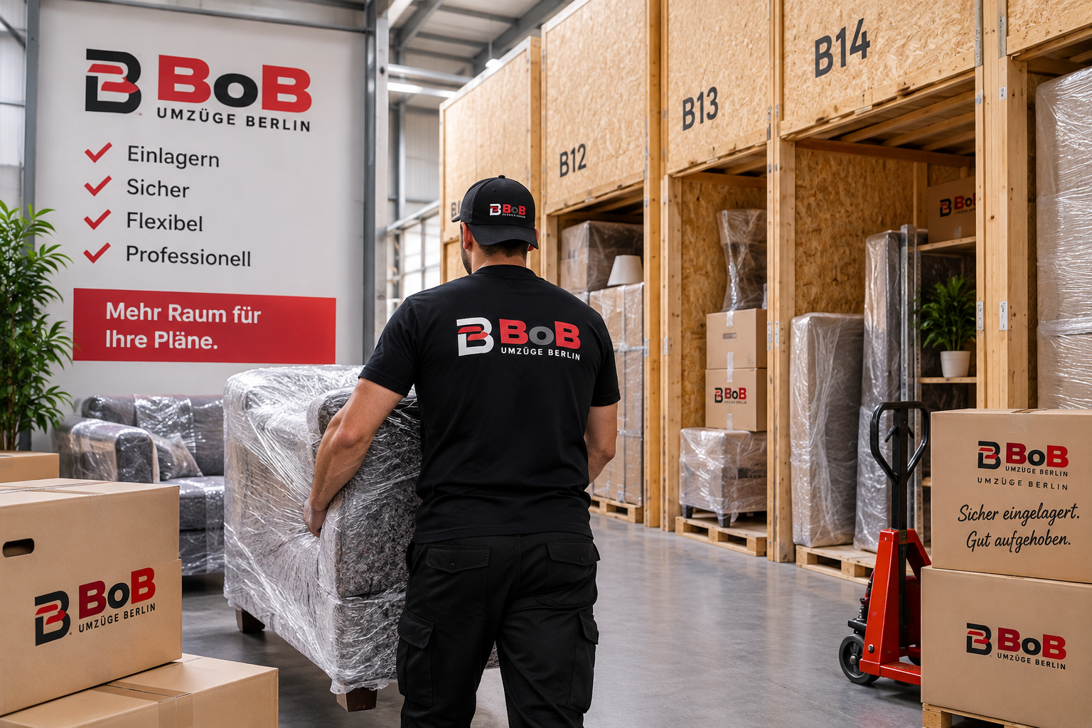 BOB Umzüge Berlin – Mitarbeiter transportiert ein sicher verpacktes Sofa in einem Möbellager mit eingelagerten Möbeln und Umzugskartons.