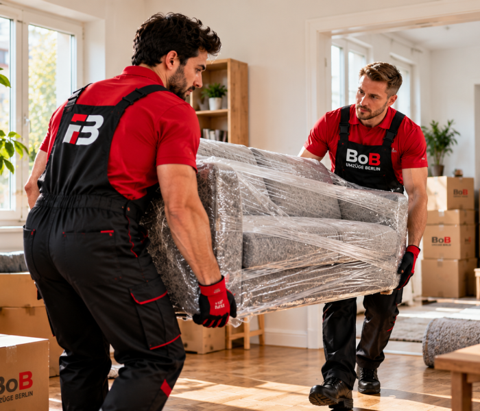 Zwei Umzugshelfer tragen ein verpacktes Sofa durch eine Wohnung.