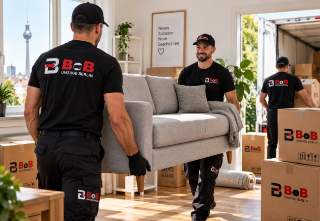 BOB Umzüge Berlin – Zwei Umzugshelfer transportieren ein Sofa bei einem professionellen Wohnungsumzug in Berlin.
